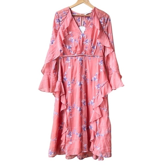 NWT LA MAISON TALULAH Sonder coral floral long sleeve ruffle midi dress Sz M - Picture 2 of 16